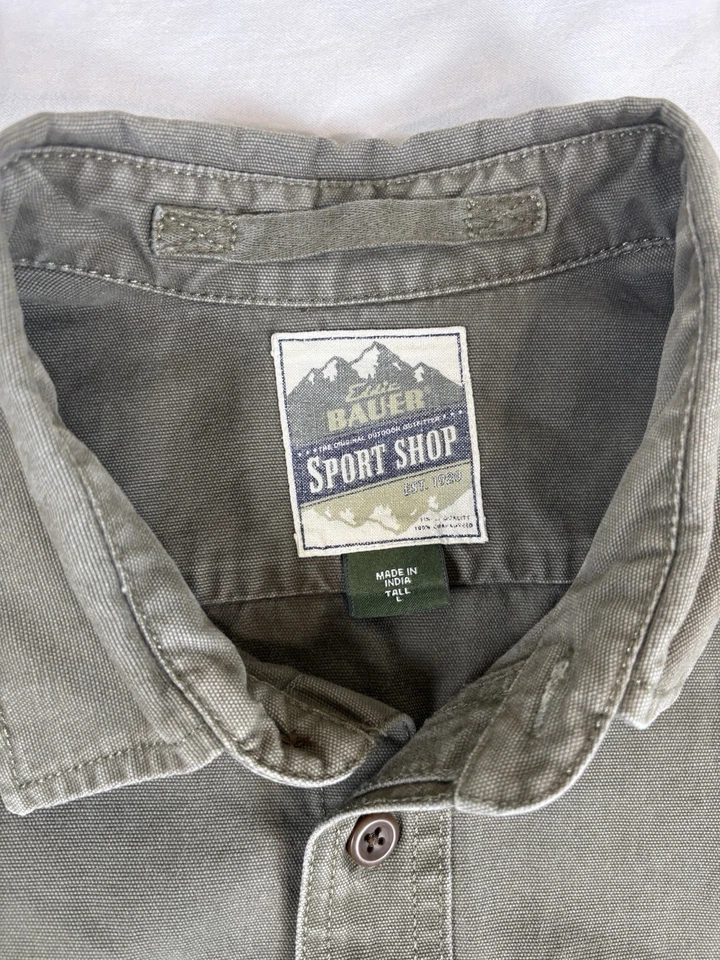 VTG Eddie Bauer Military Green Shirt Jacket Mens L Button Up Canvas Y2K Shacket - Image 2 of 4