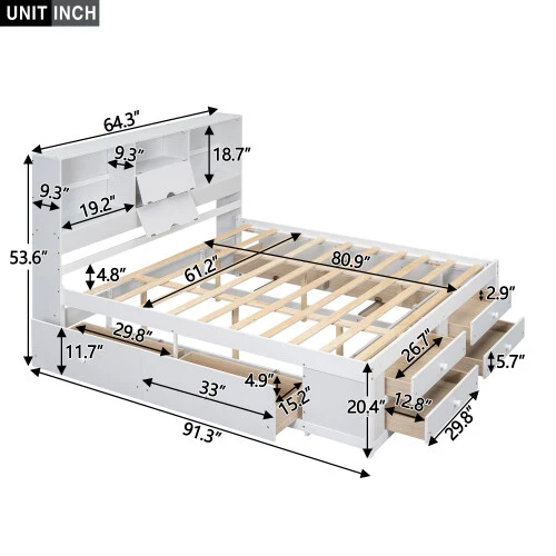 Queen King Size Platform Bed with Storage Drawers Bookcase Headboard Bed Frames - Image 3 of 4