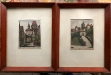 2 Ernst Geissendorfer Vintage Etched print on silk German Scene Signed in Frame