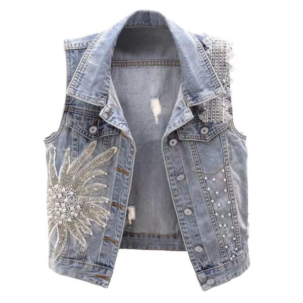Gilet Femme 3-en-1 Style Jean Avec Broderie Florale Et Dentelle - Bleu, Taille Petit - Neuf Avec étiquettes