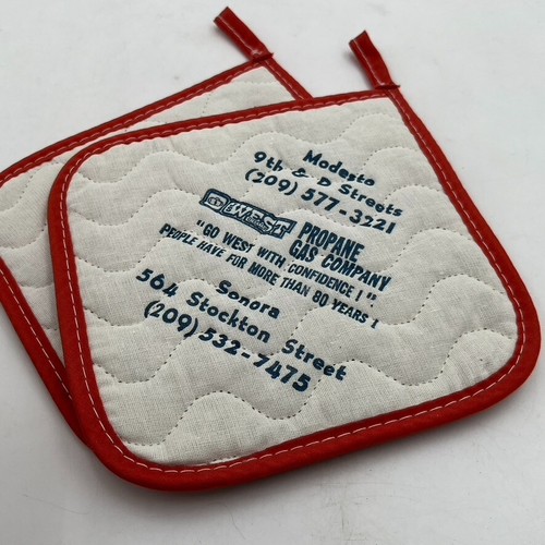 2- VTG Floral Quilted Pot Holder Modesto CA Advertising JS West Retro Kitchen - Bild 2 von 6