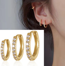 Men Women 12/14/16mm A Pair 925 Silver Gold Plated CZ Huggie Hoop Earrings PE28