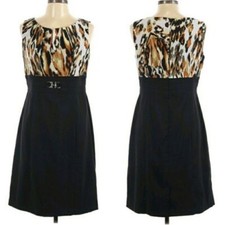Dressbarn Dress Sheath Animal Print Pleated Scoop Neck Belted Black Skirt Sz 12
