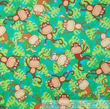 BonEful Fabric FQ Cotton Quilt Blue Green Leaf Brown Banana Monkey Baby Tropical