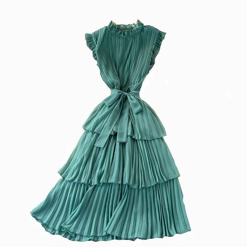 ladies pleated dress ruffles Jdlsppl Women's Midi Party Dress Ladies Vintage Chiffon Lace High Neck Knee Length Sleeveless Illusion Billowy Ruffle Homecoming Pleated Dress Formal
