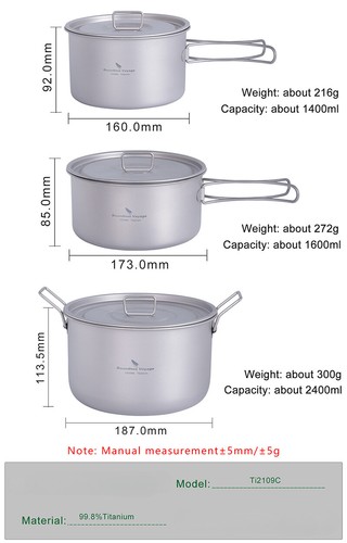 Titanium Pot 1.4L 1.6L 2.4L Camping Cooking Set Backpacking Pot Hiking Picnic - Picture 11 of 23