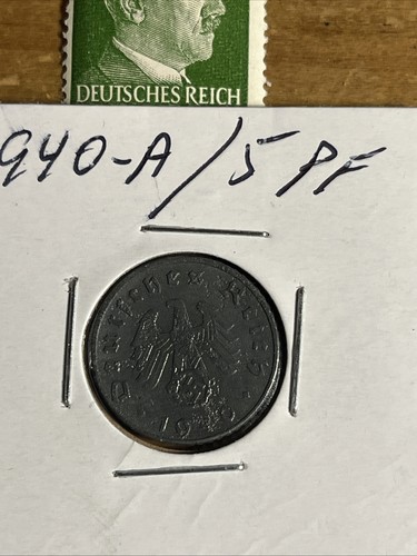 WW2 German Nazi 1940-A 5 Pfennig Nazi Coin And Stamps Swastika M - Picture 2 of 3