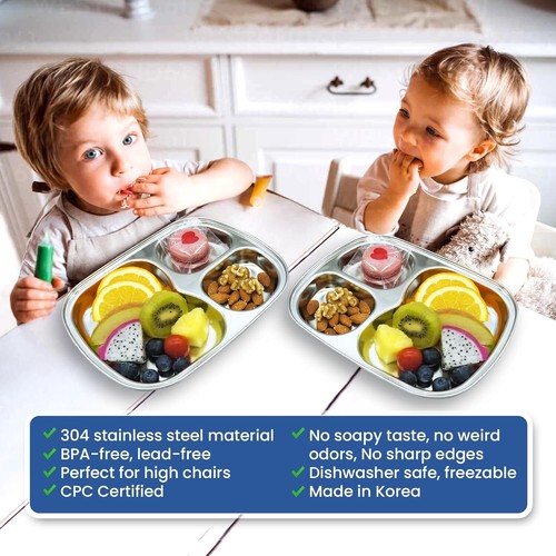 Stainless Steel Divided Plates, Kids Tray, BPA Free, 3 Compartment, Set of 2 - Picture 3 of 9