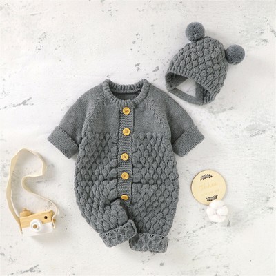 Baby Neugeborenen Mädchen Winter Gestrickte Pullover Romper Overall Mit Hut M0I6