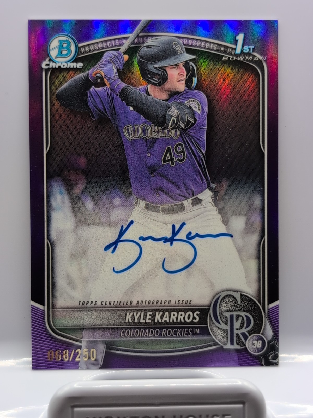 2025 Bowman Chrome KYLE KARROS RC 1st Auto Purple Refractor /250 Rockies
