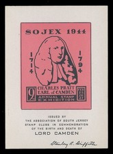 1944 SOJEX STAMP SHOW LABEL - CHARLES PRATT, EARL OF CAMDEN