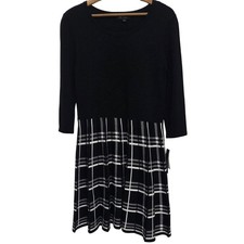 BCX Dress Junior Women's XL Black White Plaid Elevated Sweater Dress 3/4 Sleeve