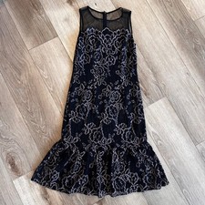Adrianna Papell Floral Lace Mesh Yoke Flounce Hem Midi Dress Navy Pink Size 6