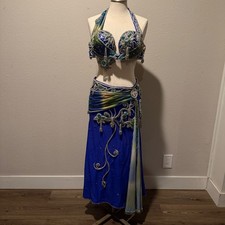 Professional Belly Dance Costume Set Blue Green Beaded Halter Bra Mermaid Skirt