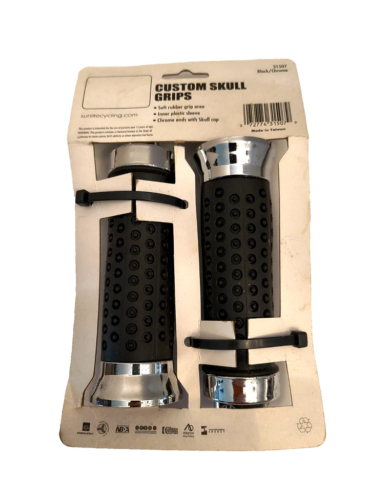Мягкие резиновые ручки SUNLITE на заказ черные с хромированными концами, крышка черепа новые из старых запасов - Изображение 3 из 4