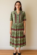 Vintage Green Burgundy Silk 3/4 Button Front Midi Dress Floral Pattern No Tag XL
