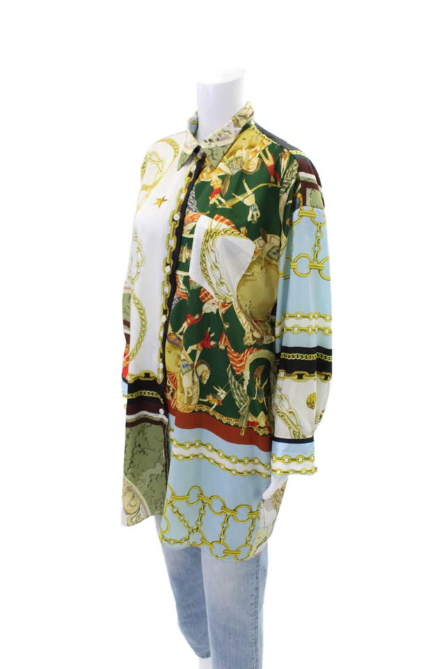 Blusa Zara Mujer Cuello Botón Elegante Estampada Verde Talla XS Foto 2 de 4