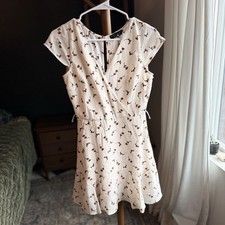 Trixxi Floral Chiffon A-Line Short Dress Ivory Brown V-Neck Cap Sleeve Button M