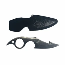 Defender 6" Curved Tactical Knife – Finger Ring Grip & Leather Sheath