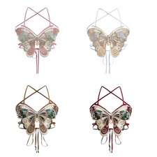 Women Butterfly Embroidery Halterneck Crop Top Crisscross Tie Backless Camisole