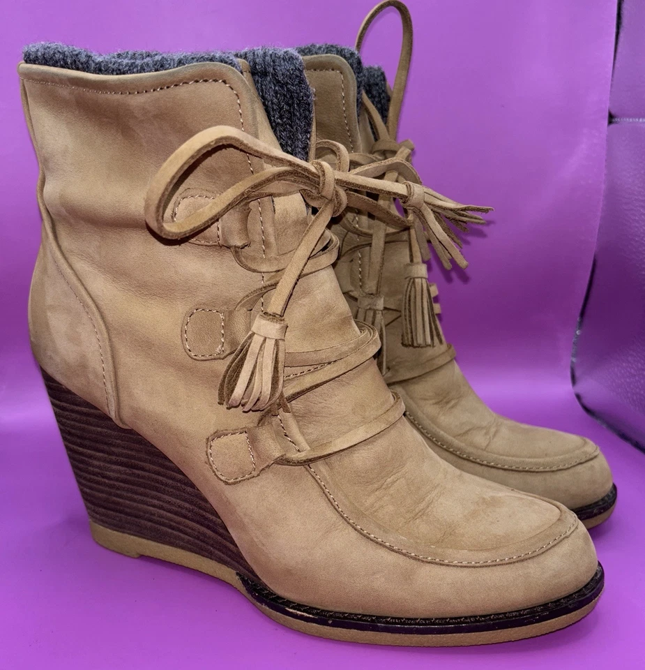 Land’s End Chukka Boot Knit Cuff Tan Suede Ankle Lace-up Wedge  Size 9B (0393) - Image 2 of 4