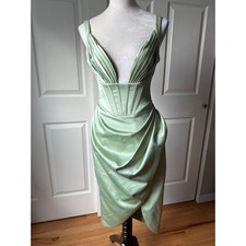 House of CB Faye Midi Dress Women M Sage Green Satin Corset Draped Formal