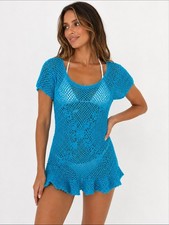 Vintage Teal Blue Hand Crochet Knit Swim Cover Up Mini Dress Small Beach Boho