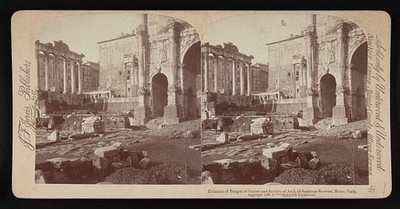 Columns of temple of Saturn,section of arch of septimus severus,Rome,Italy