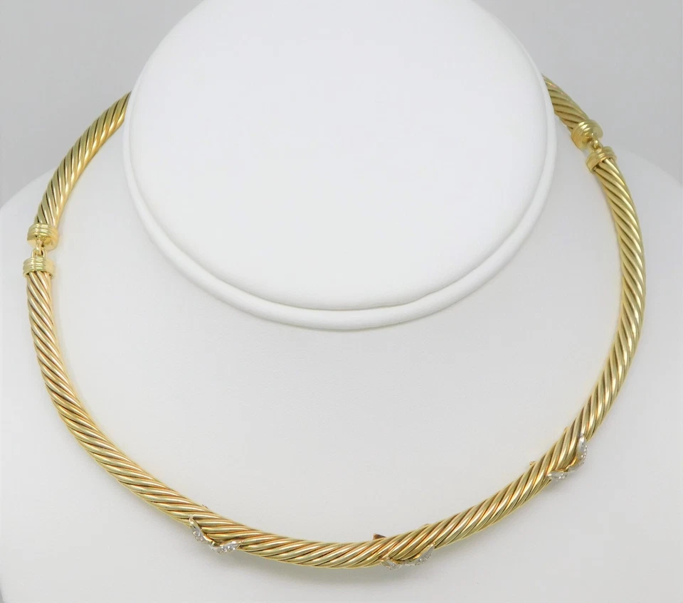 Collar Gargantilla Oro 14 kt DAVID YURMAN 3 Estaciones Diamante X Cable 14.5" B4428 Foto 3 de 4