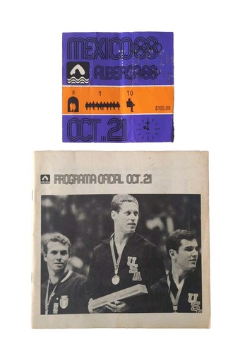 Olimpiadi 1968 Messico NUOTO Programma Ufficiale + Biglietto 21 Ottobre M. Spitz Argento - Foto 1 di 24