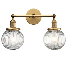 Vintage Industrial 2-Light Wall Sconce Round Ribbed Glass Lampshade Vanity Light