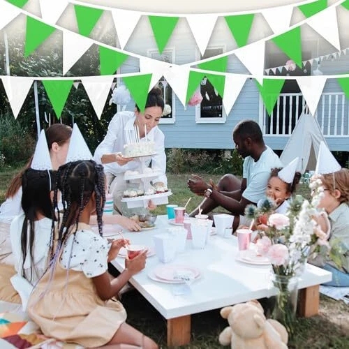 Banderín banderín verde y blanco de 100 pies banderas cuerda tela triángulo banderín Foto 4 de 4