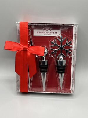 3-piece Holiday Time Christmas Wine Stopper Set   Stainless Tree Snowflake Ball
