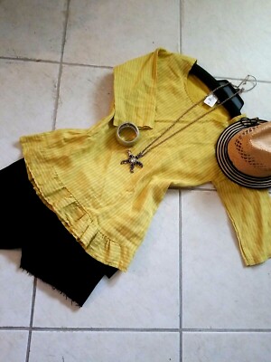 Lungo L'Arno ITALY Tunic Shirt Top Ruffle Hem 100% Linen Mustard Yellow NWT$99