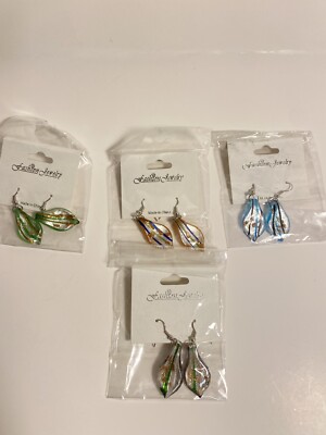 Pierced hook Earrings Copper tone multi color Art Glass Bead Dangle 4pc  lot