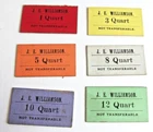 6 Diff. Vintage J.E. WILLIAMSON SEABOARD DELAWARE Cranberry Quart Paper chits