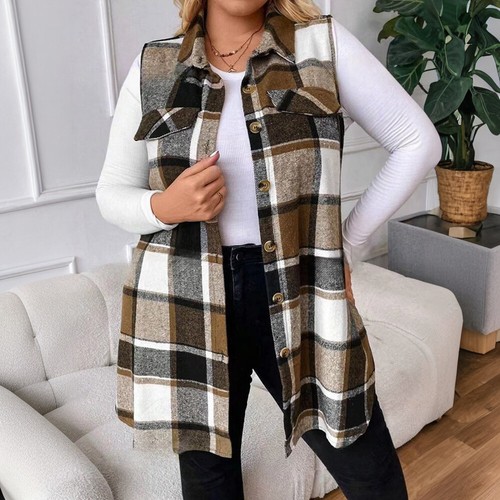 Women Sleeveless Fleece Warm Vest Coat Plaid Tartan Jacket Thermal Waistcoat US - Picture 16 of 16