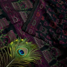 Vintage Black Heavy Sari Hand Woven Saree Pure Silk Craft Fabric 6Yd Ethnic Zari