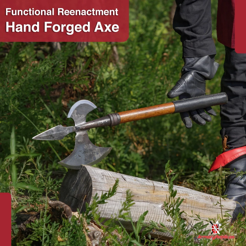 Hacha exterior totalmente funcional forjada a mano de invasión vikinga medieval batalla con pico Foto 4 de 4