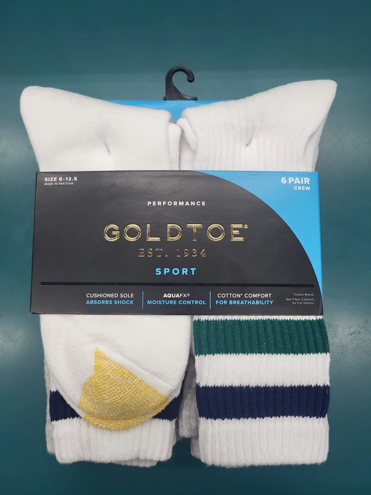 Gold Toe Mens Crew Socks White Striped Sport Cushioned Moisture Wicking 6 Pair
