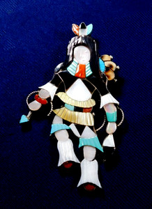 ZUNI J. BEYUKA STERLING Multi Stone Inlay Overlay HOOP DANCER PIN PENDANT Estate