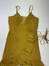 Free People Mustard Yellow Wrap Mini Dress XS Ruffle Hem Spaghetti Strap