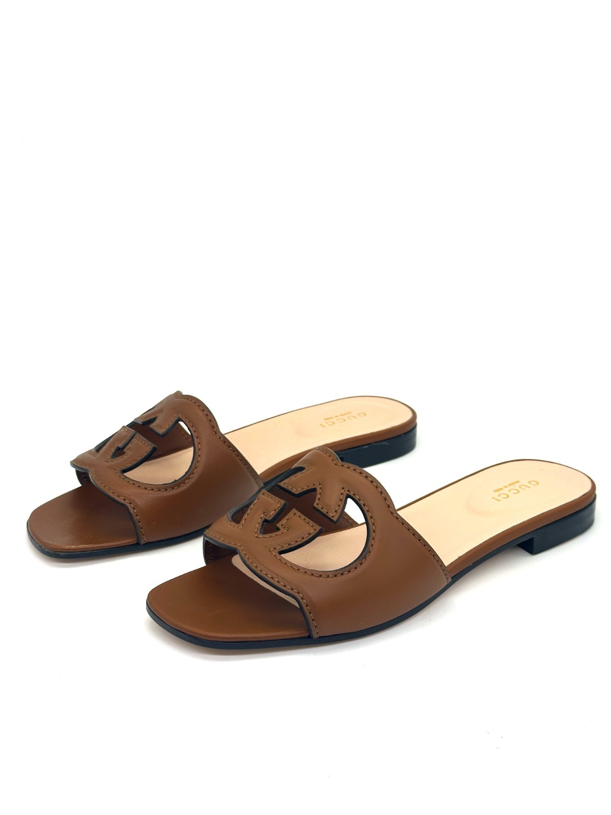 Gucci Interlocking GG Monogram Cutout Flat Slide Sandals Mules Shoes Brown $770 image 4