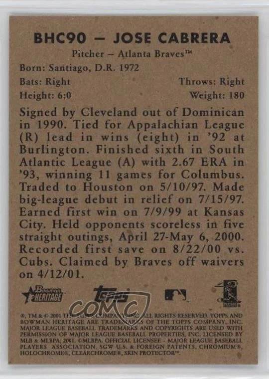 2001 Bowman Heritage Chrome Jose Cabrera #BHC90 - Image 2 of 2