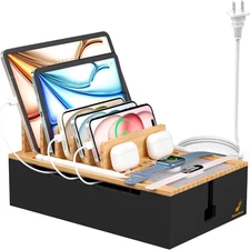 Bamboo Charging Station for Multiple Devices, USB Charger Dock Organizer, with P