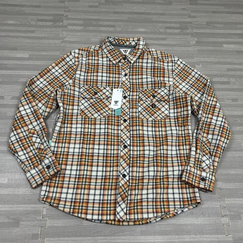 Vissla Eco-zy Long Sleeve Polar Flannel Button-Up Shirt Mens M Orange Plaid $74