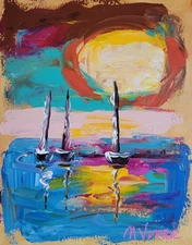 MONA VIVAR Original 11x14 Colorful Sailboat Abstract Expressionism Art Painting