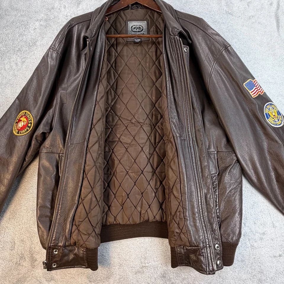 Chaqueta Bomber Ecko Unltd Cuero 2XL Marrón USMC Parche Bandera Y2K Hip Hop Moto Foto 4 de 4