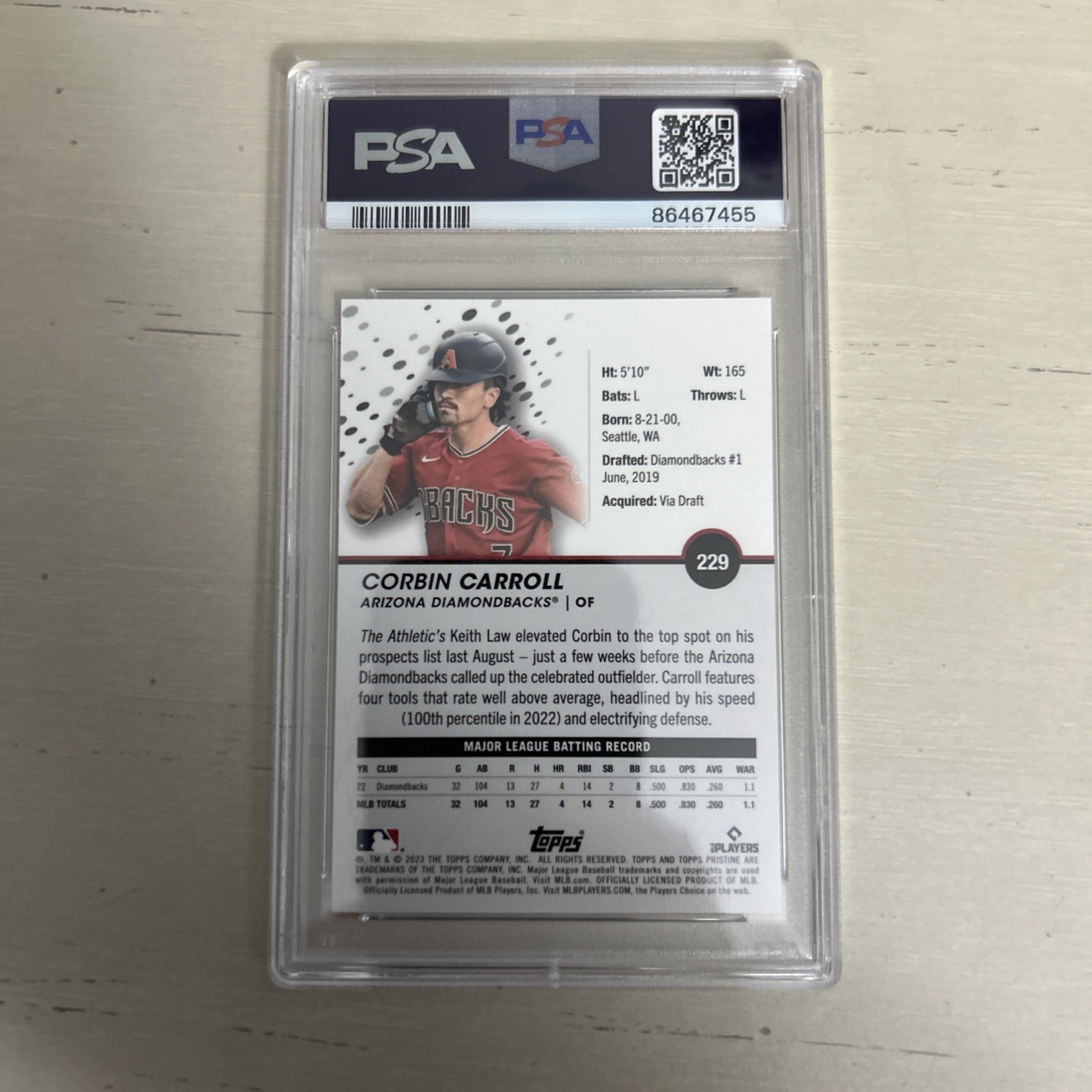 Corbin Carroll 2023 Topps Pristine #229 Refractor RC PSA 10 Arizona Diamondbacks view 2