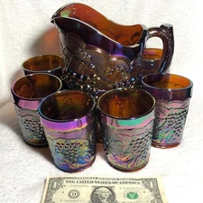 Classic Vintage Imperial Marigold Carnival Glass Water Set Pitcher, 6 Tumblers X